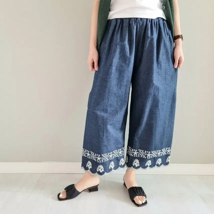 [BUNJANG] Embroidered Lace Denim Wide Pants / 면마 데님 와이드 팬츠 자수 레이스