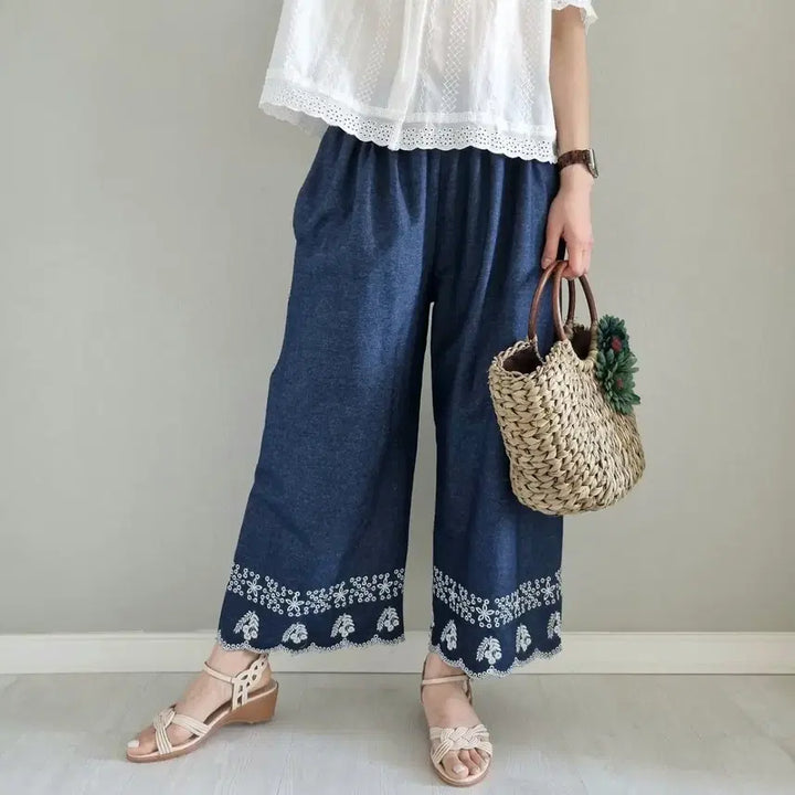 [BUNJANG] Embroidered Lace Denim Wide Pants / 면마 데님 와이드 팬츠 자수 레이스