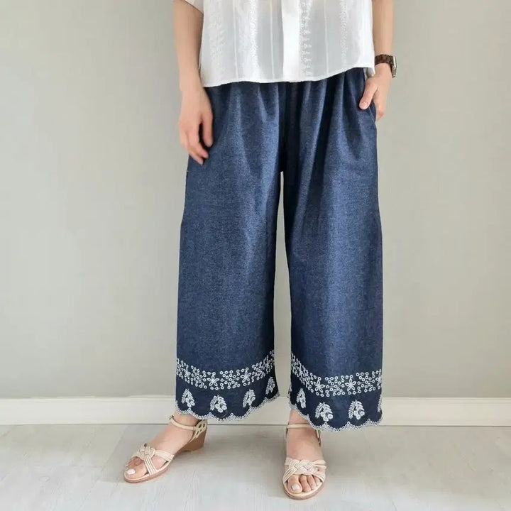 [BUNJANG] Embroidered Lace Denim Wide Pants / 면마 데님 와이드 팬츠 자수 레이스