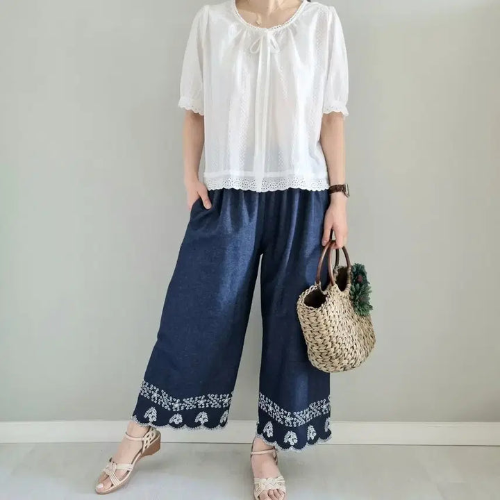 [BUNJANG] Embroidered Lace Denim Wide Pants / 면마 데님 와이드 팬츠 자수 레이스