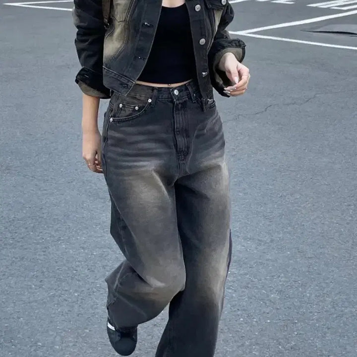 [BUNJANG] Black Denim Jacket &amp; Wide Pants Set S / 흑청 자켓 + 와이드팬츠 셋업 세트 S