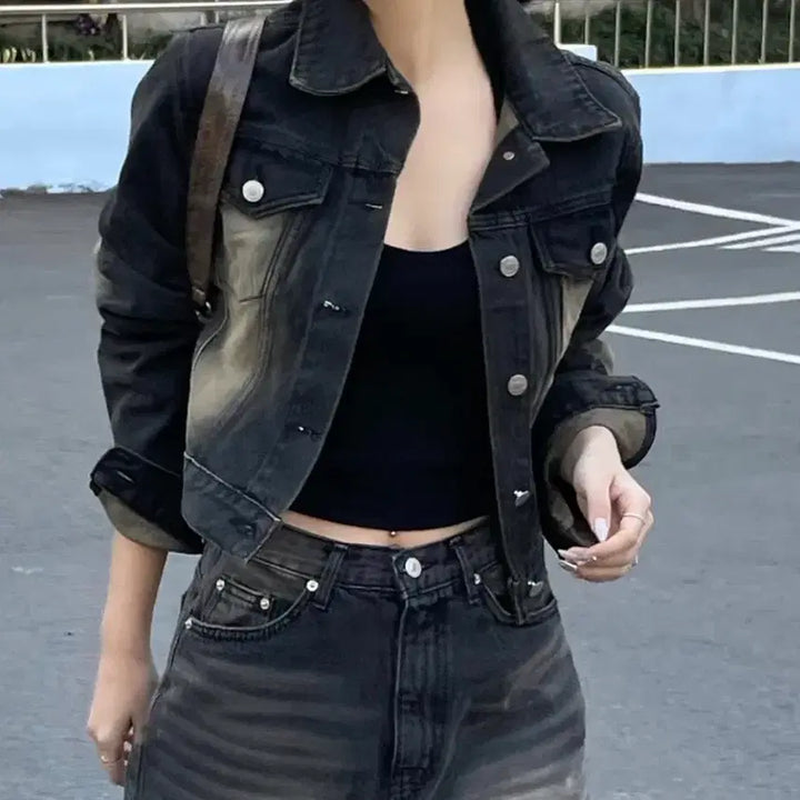 [BUNJANG] Black Denim Jacket &amp; Wide Pants Set S / 흑청 자켓 + 와이드팬츠 셋업 세트 S