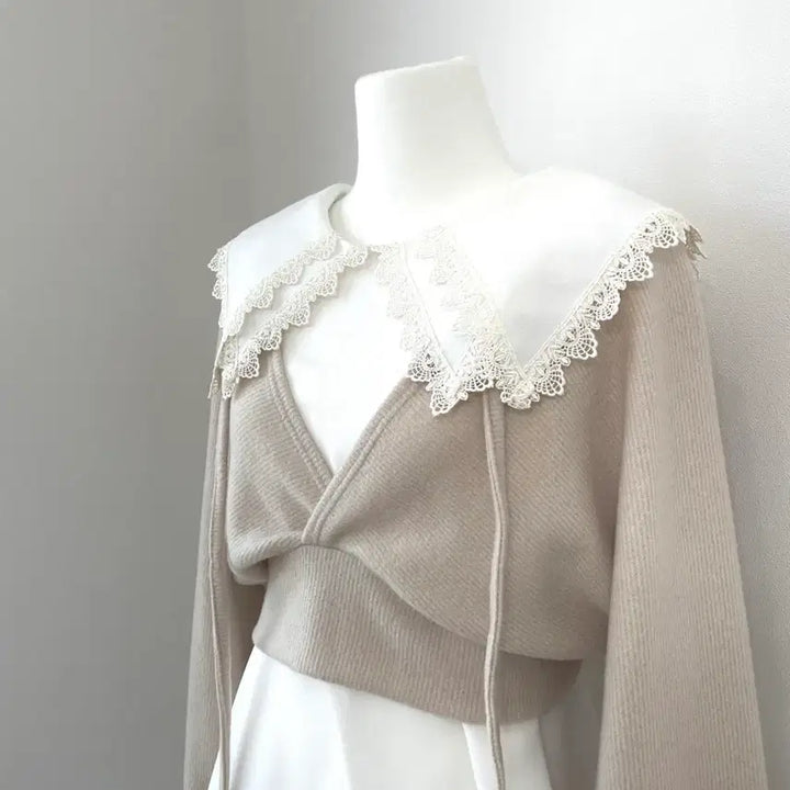 [BUNJANG] Ribbon Bolero Style Light Beige Knit Two-Piece Set / 리본 볼레로 스타일 연베이지 니트(투피스)세트 레이어드 소녀 모리걸