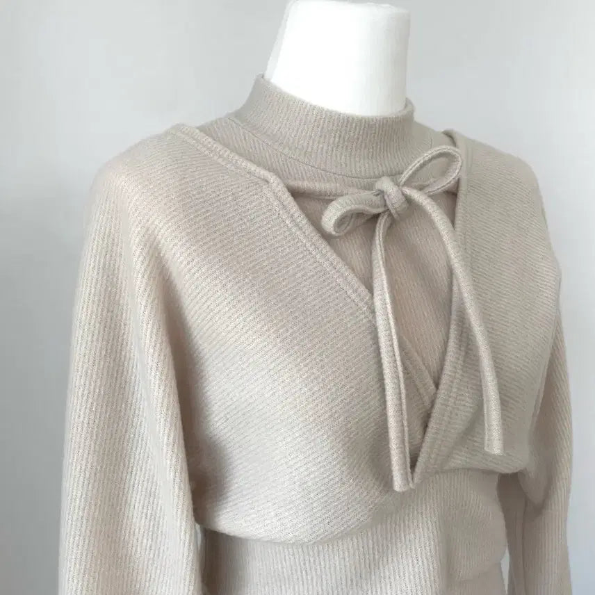 [BUNJANG] Ribbon Bolero Style Light Beige Knit Two-Piece Set / 리본 볼레로 스타일 연베이지 니트(투피스)세트 레이어드 소녀 모리걸
