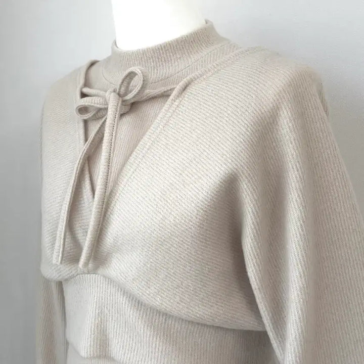 [BUNJANG] Ribbon Bolero Style Light Beige Knit Two-Piece Set / 리본 볼레로 스타일 연베이지 니트(투피스)세트 레이어드 소녀 모리걸