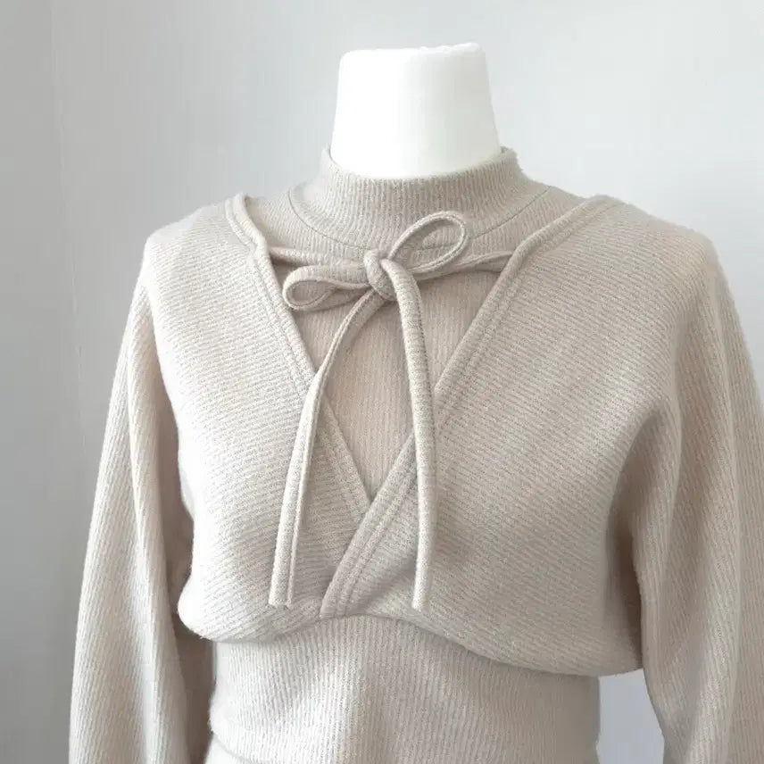 [BUNJANG] Ribbon Bolero Style Light Beige Knit Two-Piece Set / 리본 볼레로 스타일 연베이지 니트(투피스)세트 레이어드 소녀 모리걸