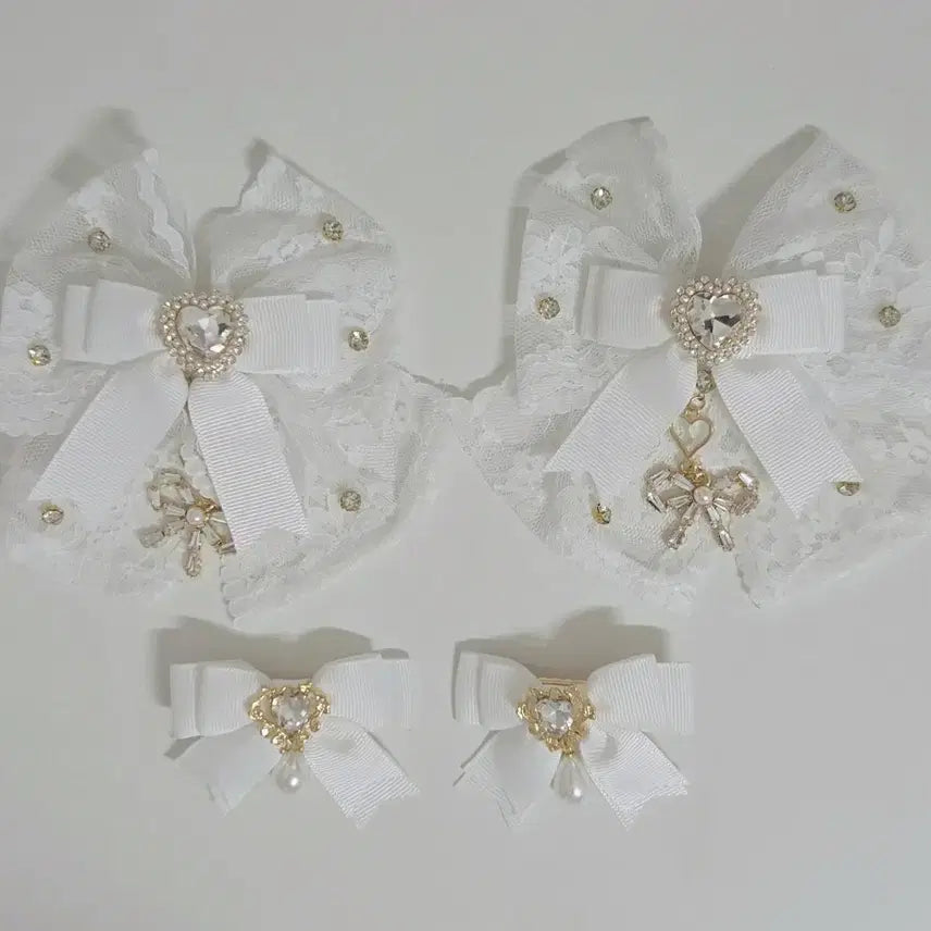 [BUNJANG] Liz Lisa Lace Rhinestone Ribbon Clip Set (White) / 리즈리사 레이스 비쥬 리본 4개 세트 클립 (화이트)
