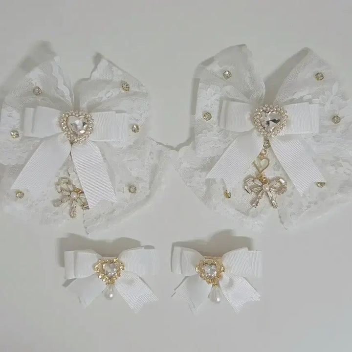[BUNJANG] Liz Lisa Lace Rhinestone Ribbon Clip Set (White) / 리즈리사 레이스 비쥬 리본 4개 세트 클립 (화이트)