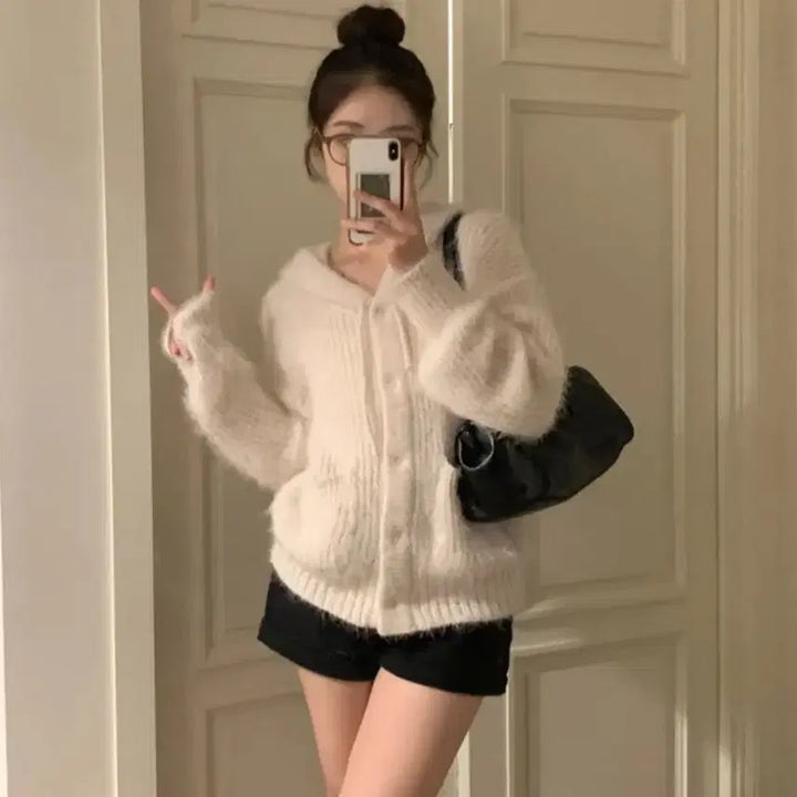[BUNJANG] Avely Pine Leaf Knit Hoodie Cardigan Ivory Angora / 에이블리 솔잎 니트 후드 가디건 아이보리 앙고라