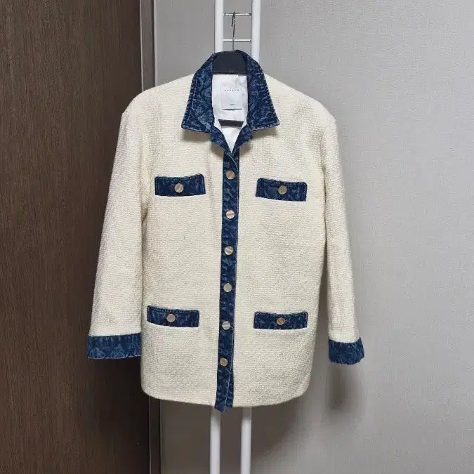 [BUNJANG] Sandro Denim Trimmed Ivory Tweed Jacket / 산드로(36) 데님트리밍  아이보리 트위드 자켓