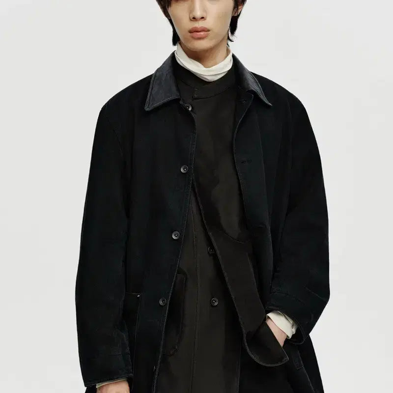 [BUNJANG] Youth Leather Collar Half Denim Coat - L / youth 레더 카라 하프 데님 코트 L