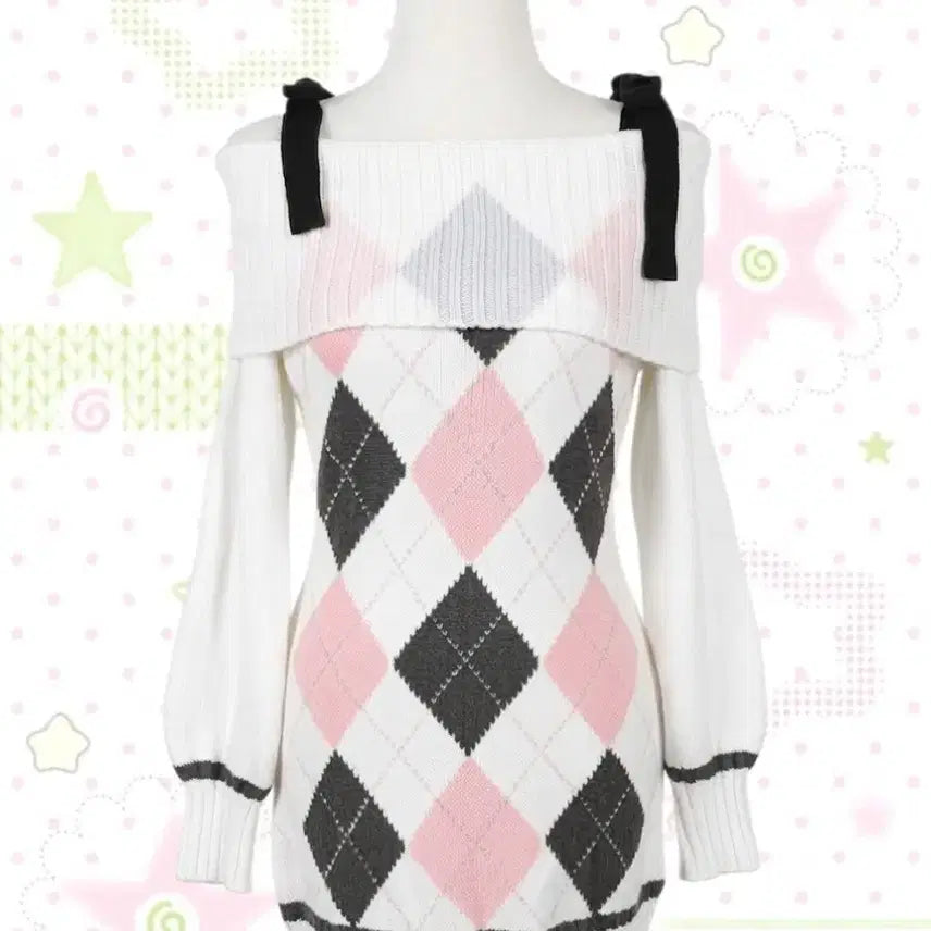 [BUNJANG] Hime Gyaru Pink Argyle Knit Dress / 유일매물 핑크 아가일 니트원피스 히메갸루 리즈리사 달천깔 마즈 핀터깔