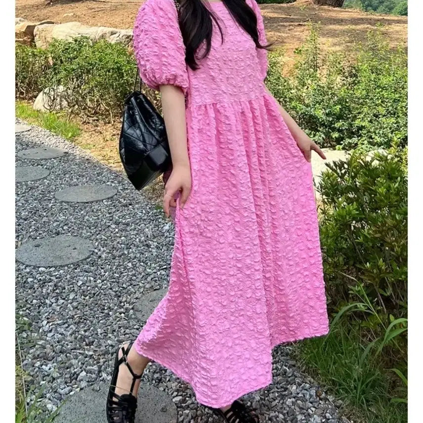 [BUNJANG] Balloon Puff Sleeve Long Dress - One Size / 벌룬 퍼프 주름 롱원피스 프리사이즈