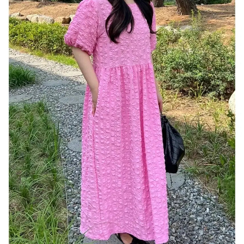 [BUNJANG] Balloon Puff Sleeve Long Dress - One Size / 벌룬 퍼프 주름 롱원피스 프리사이즈