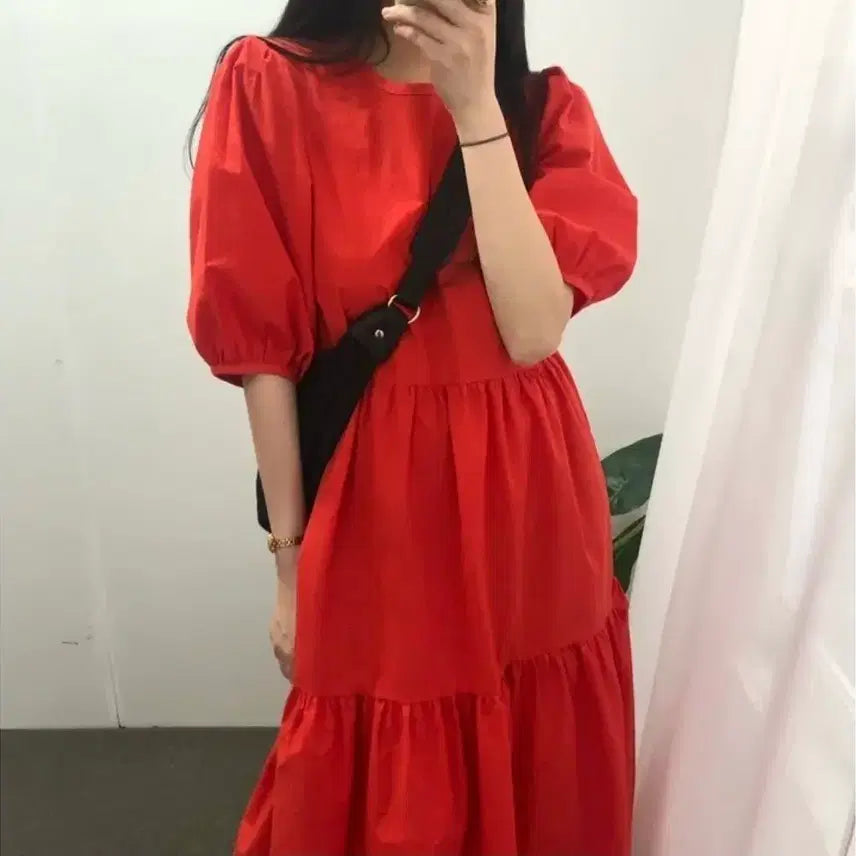 [BUNJANG] Puff Sleeve Long Dress / 새상품 퍼프 소매 롱 원피스 프리사이즈