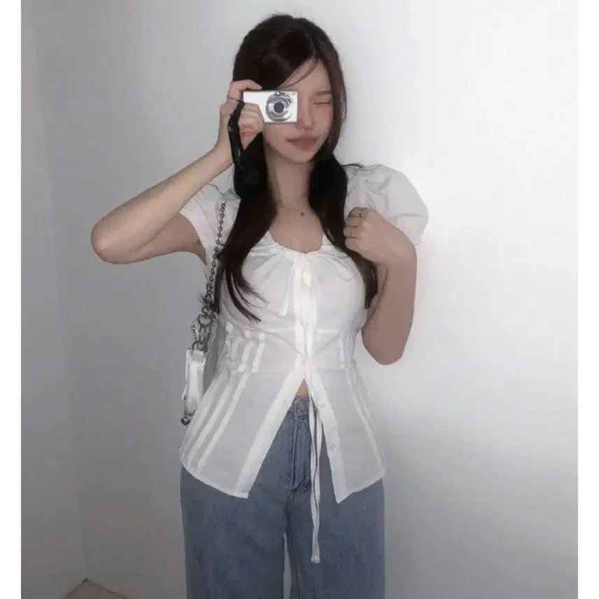 [BUNJANG] Summer Puff Sleeve Ribbon Blouse / (새상품)여름 반발 퍼프 리본 블라우스