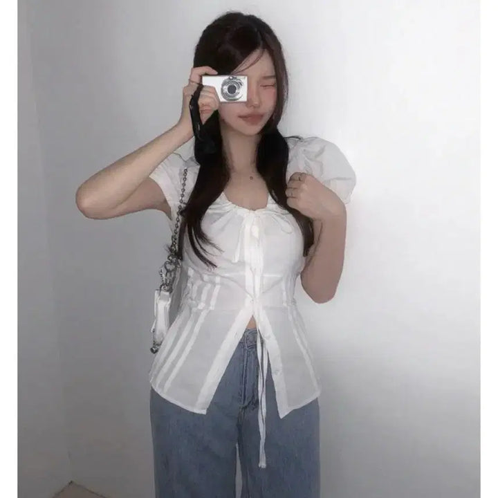 [BUNJANG] Summer Puff Sleeve Ribbon Blouse / (새상품)여름 반발 퍼프 리본 블라우스