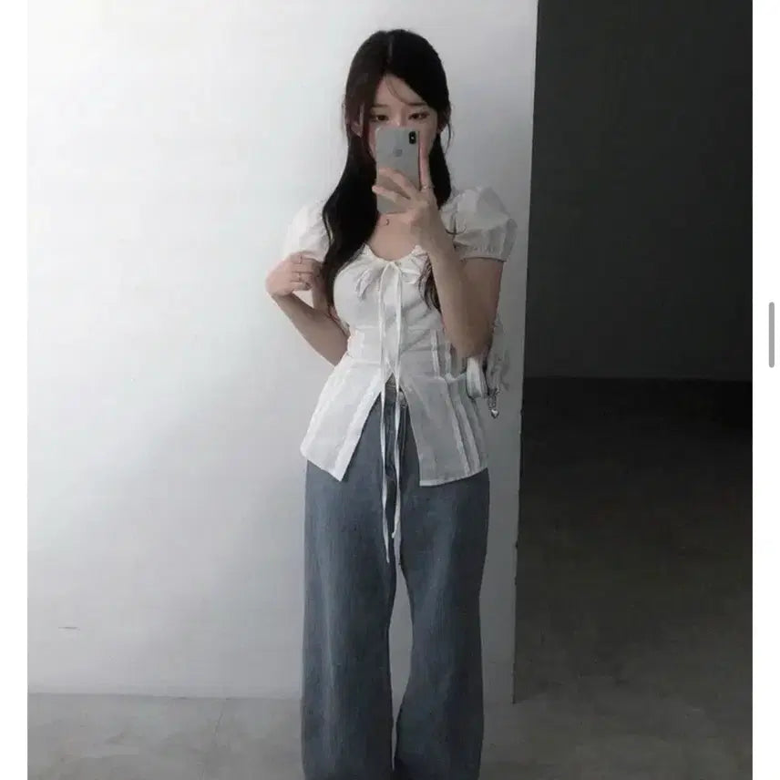[BUNJANG] Summer Puff Sleeve Ribbon Blouse / (새상품)여름 반발 퍼프 리본 블라우스