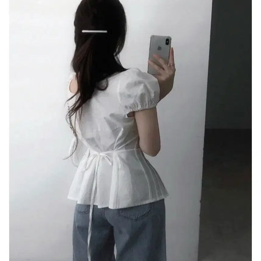 [BUNJANG] Summer Puff Sleeve Ribbon Blouse / (새상품)여름 반발 퍼프 리본 블라우스