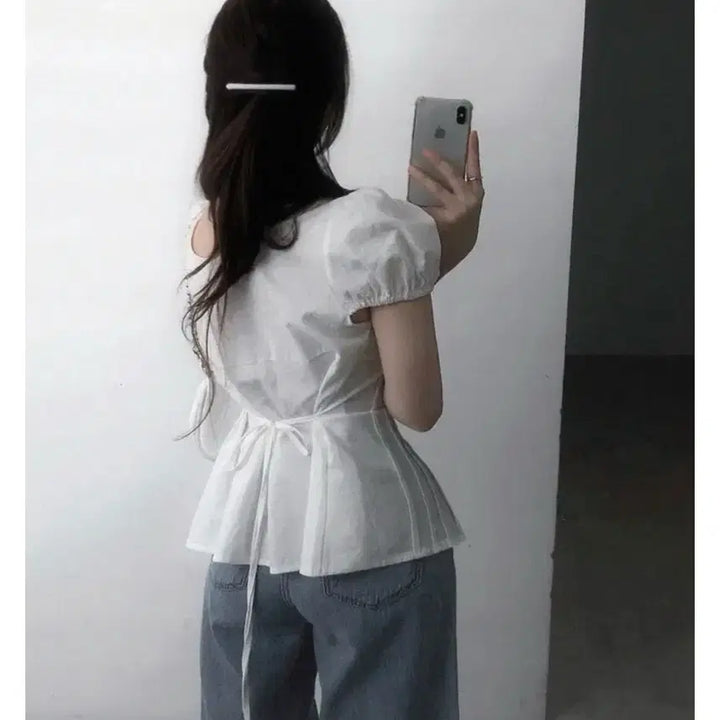 [BUNJANG] Summer Puff Sleeve Ribbon Blouse / (새상품)여름 반발 퍼프 리본 블라우스