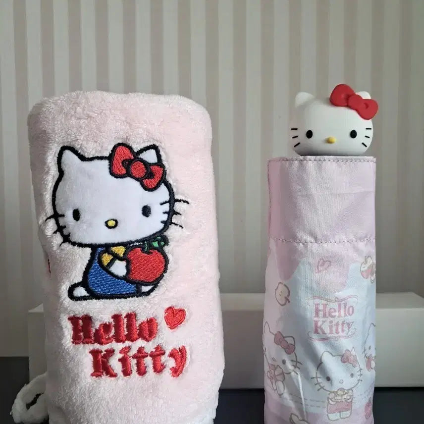 [BUNJANG] Sanrio Hello Kitty Pink Umbrella and Towel Set / 2026 정품 산리오 헬로키티 핑크 양우산 양산 우산, 타올 수건 새상품