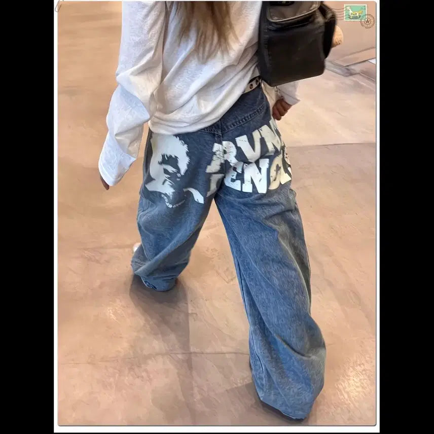 [BUNJANG] 4XL Sagging Print Wide Denim Pants / 4xl 새깅프린팅 와이드 데님 팬츠