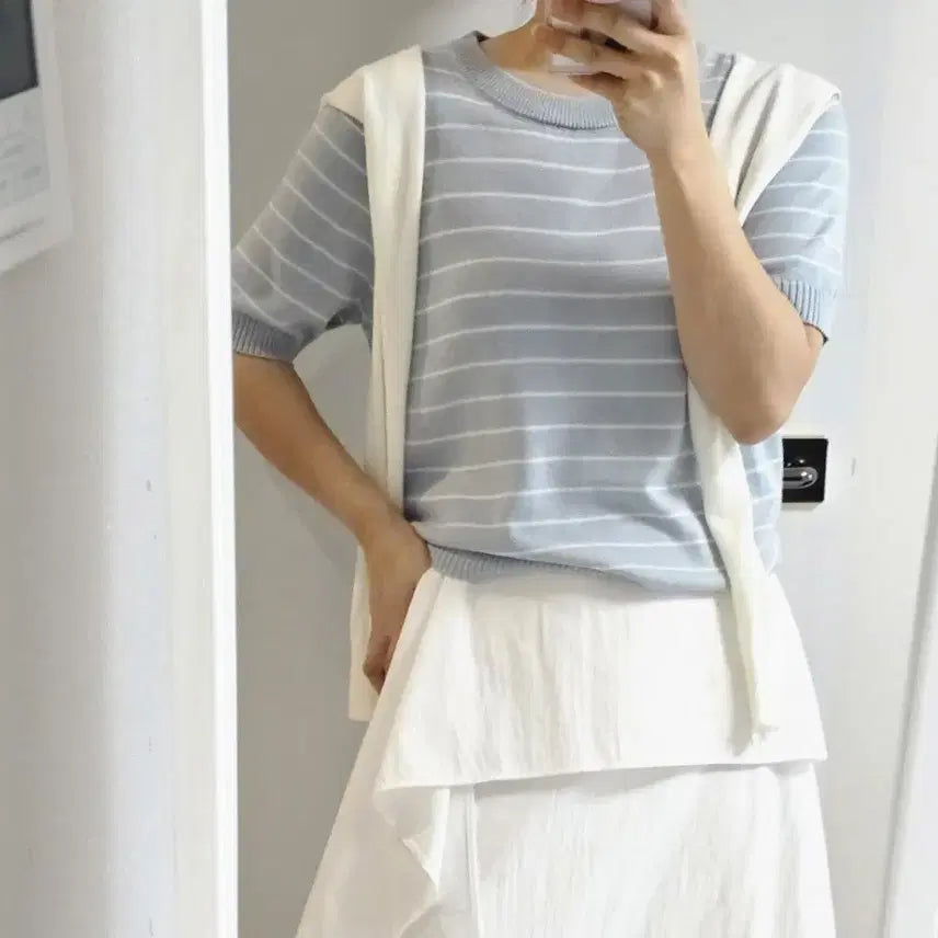 [BUNJANG] Striped Knit Top with Shawl Set / 반팔 스트라이프 니트 + 숄세트
