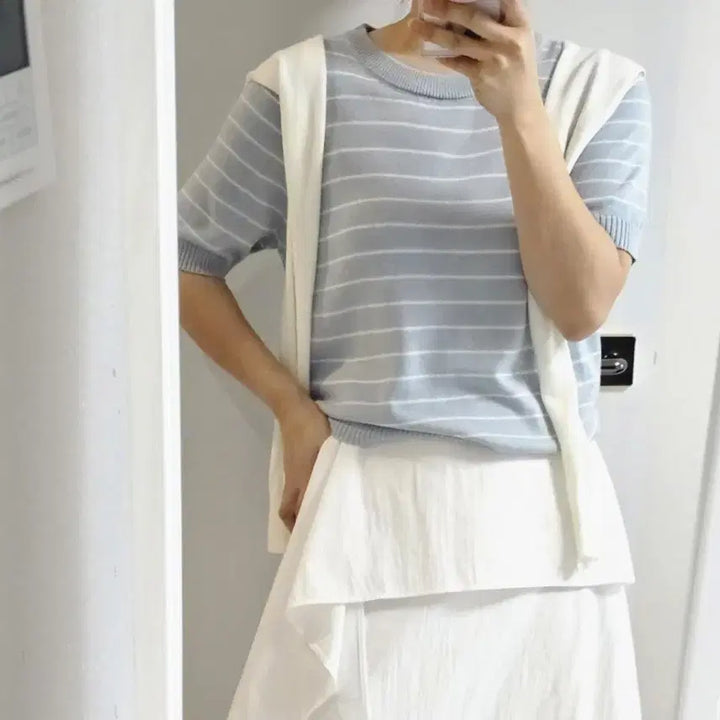 [BUNJANG] Striped Knit Top with Shawl Set / 반팔 스트라이프 니트 + 숄세트