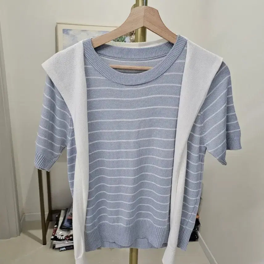 [BUNJANG] Striped Knit Top with Shawl Set / 반팔 스트라이프 니트 + 숄세트