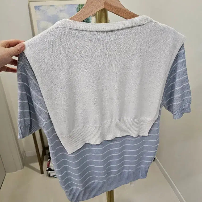 [BUNJANG] Striped Knit Top with Shawl Set / 반팔 스트라이프 니트 + 숄세트