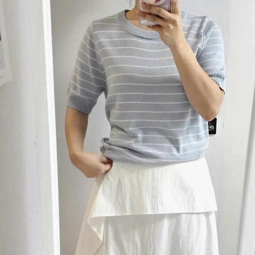 [BUNJANG] Striped Knit Top with Shawl Set / 반팔 스트라이프 니트 + 숄세트