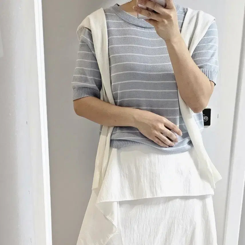 [BUNJANG] Striped Knit Top with Shawl Set / 반팔 스트라이프 니트 + 숄세트