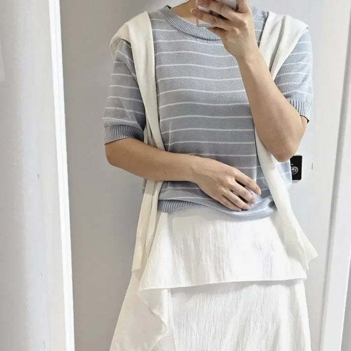 [BUNJANG] Striped Knit Top with Shawl Set / 반팔 스트라이프 니트 + 숄세트