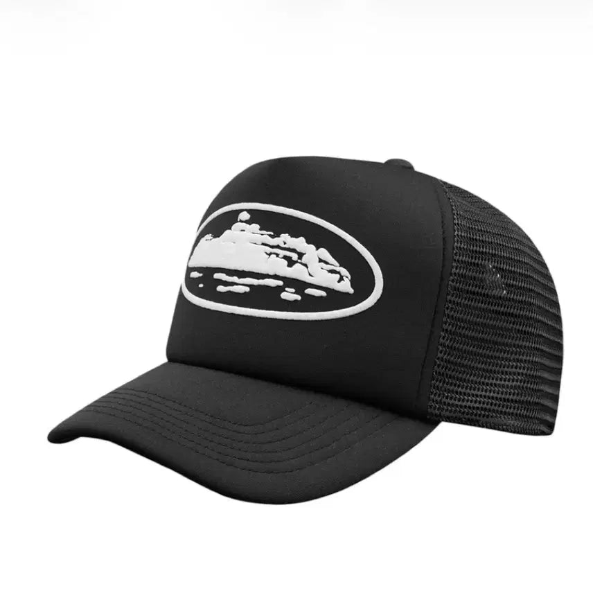 [BUNJANG] Cortez Island Puff Print Trucker Hat Black Cap / 코르테이즈 아일랜드 퍼프 프린트 트러커 햇 블랙 모자 캡 볼캡 매쉬캡