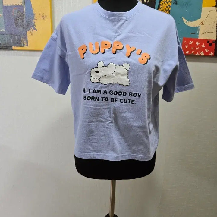 [BUNJANG] Unbranded Puppy Print Light Blue Cotton Blend T-Shirt / 퍼피 프린팅 라이트블루 면스판혼방  티셔츠