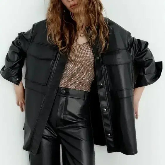 [BUNJANG] ZARA Eco Leather Overshirt Jacket Black M / 정품 자라 에코 레더 오버 포켓 셔츠 자켓 블랙 M 미디움 새상품 가죽