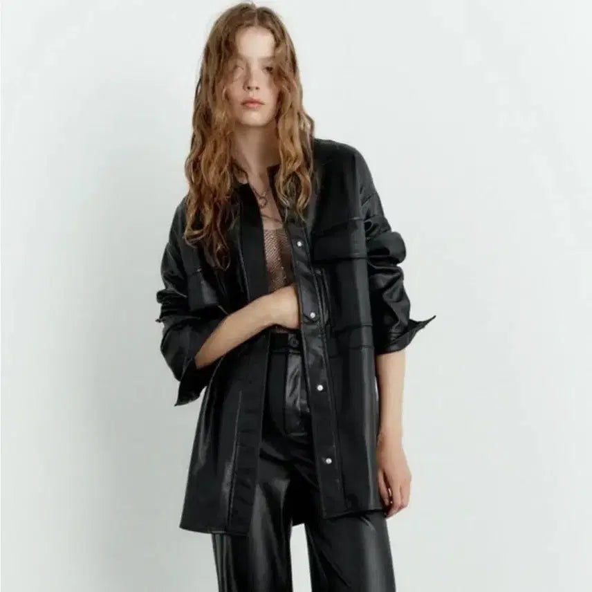 [BUNJANG] ZARA Eco Leather Overshirt Jacket Black M / 정품 자라 에코 레더 오버 포켓 셔츠 자켓 블랙 M 미디움 새상품 가죽