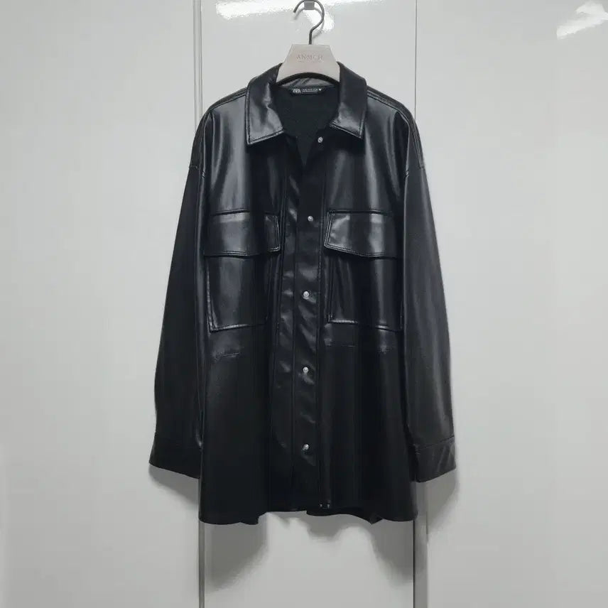 [BUNJANG] ZARA Eco Leather Overshirt Jacket Black M / 정품 자라 에코 레더 오버 포켓 셔츠 자켓 블랙 M 미디움 새상품 가죽