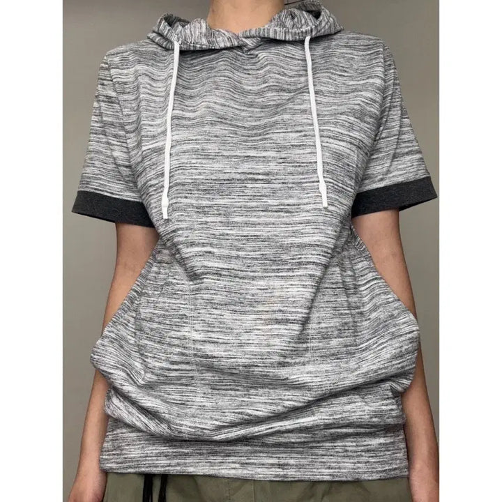 [BUNJANG] SELF SERVICE Gray Striped Y2K Half-Sleeve Hoodie / 일본빈티지 그레이 반팔 후드티 y2k