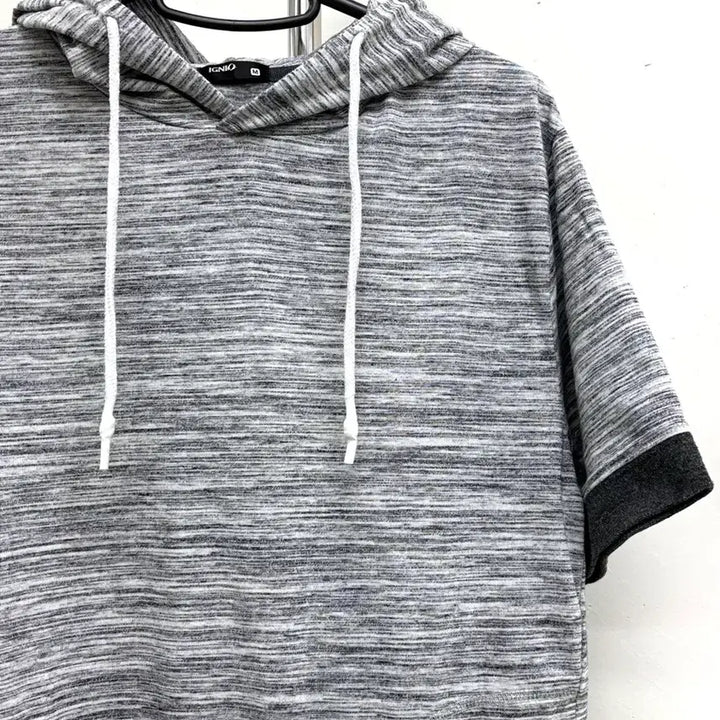 [BUNJANG] SELF SERVICE Gray Striped Y2K Half-Sleeve Hoodie / 일본빈티지 그레이 반팔 후드티 y2k