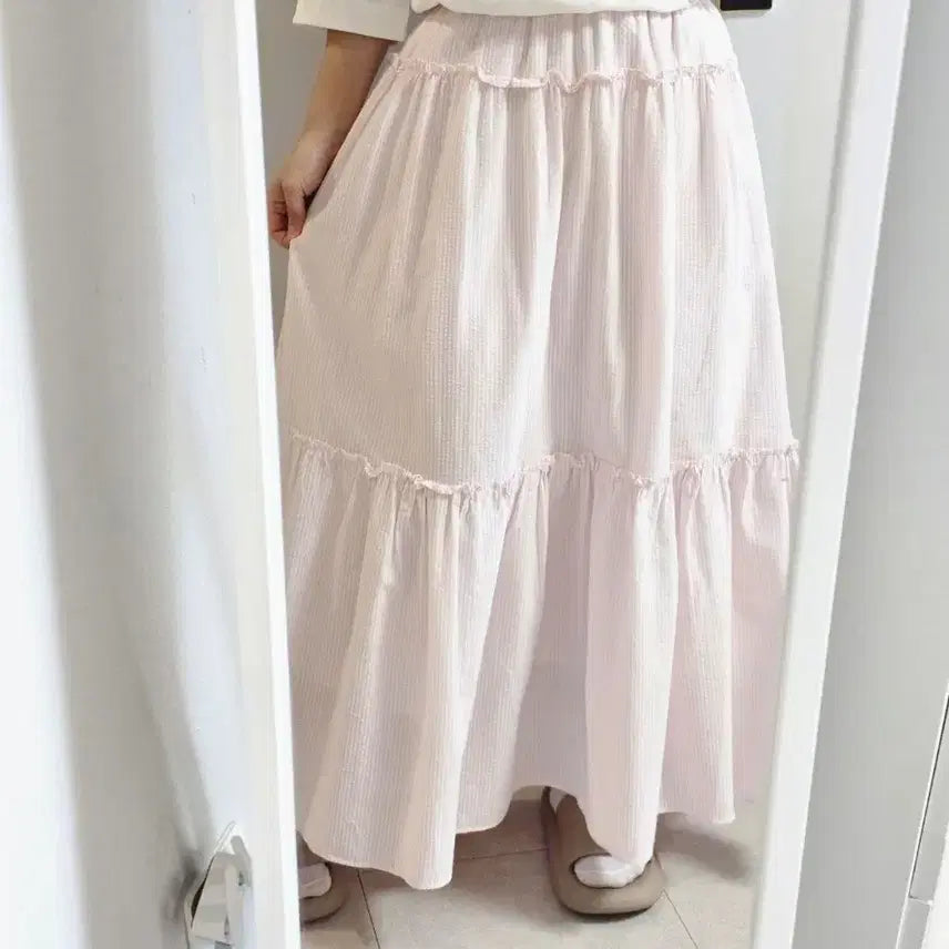 [BUNJANG] Striped Frill Long Skirt / 스트라이프 프릴캉캉 롱스커트 색상택1