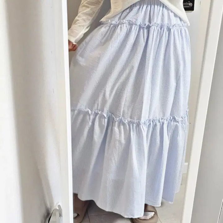 [BUNJANG] Striped Frill Long Skirt / 스트라이프 프릴캉캉 롱스커트 색상택1