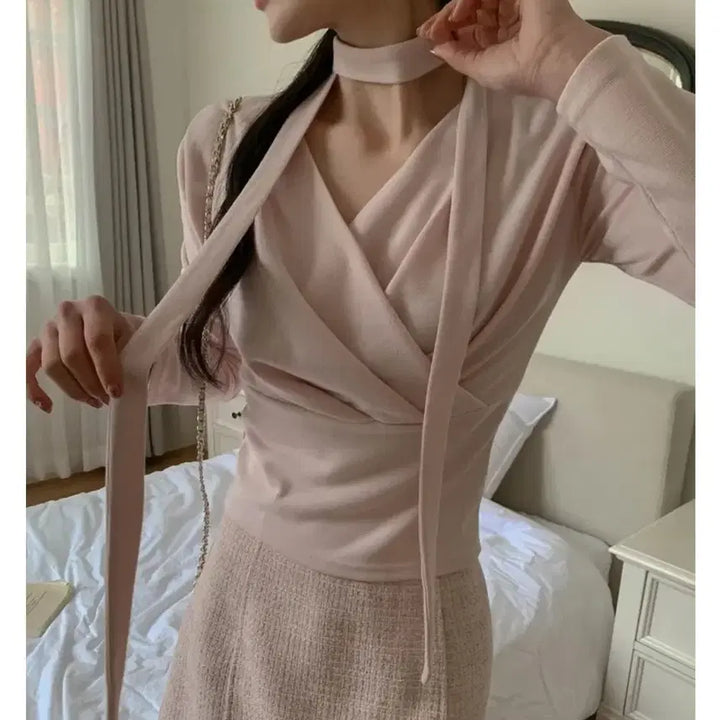 [BUNJANG] Choker Wrap Shirring Knit Top / (원가3.8) 초커 랩 셔링 랩 니트 티셔츠 핑크 소개팅 하객룩 레이어드