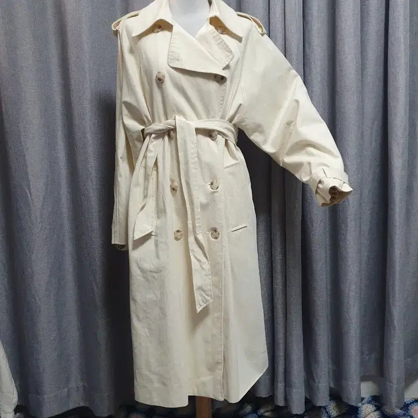 [BUNJANG] Cream Jean Double Long Trench Coat / 크림진 더블 롱트렌치