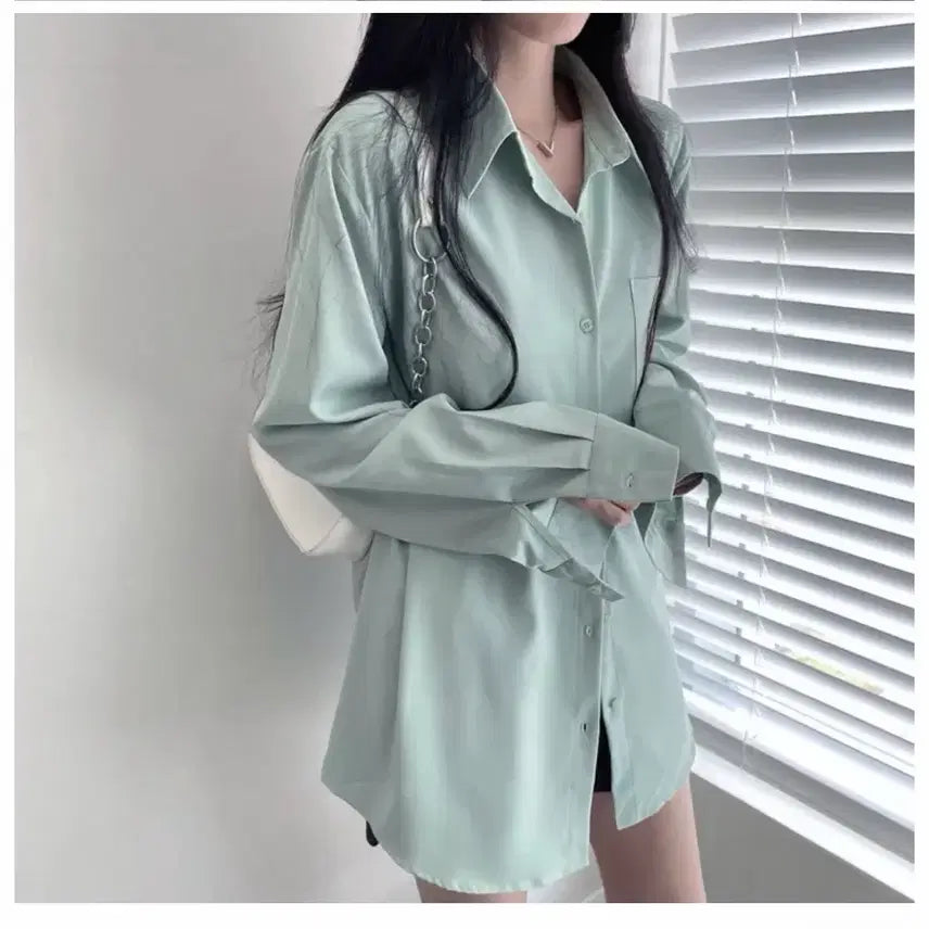 [BUNJANG] Ablly Unisex Wrinkle-Free Loose Fit Shirt / 에이블리 셔츠 남녀공용 링클프리 루즈핏 초록 그린 민트
