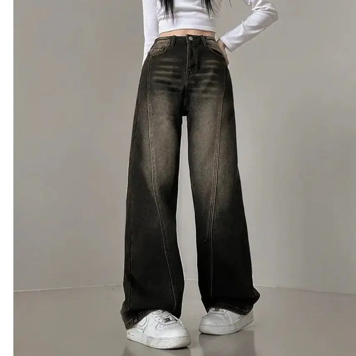[BUNJANG] Lunerf Vintage Washed Wide Denim Pants / (원가4) 루너프 절개라인 빈티지 워싱 와이드 데님팬츠 흑청 진청