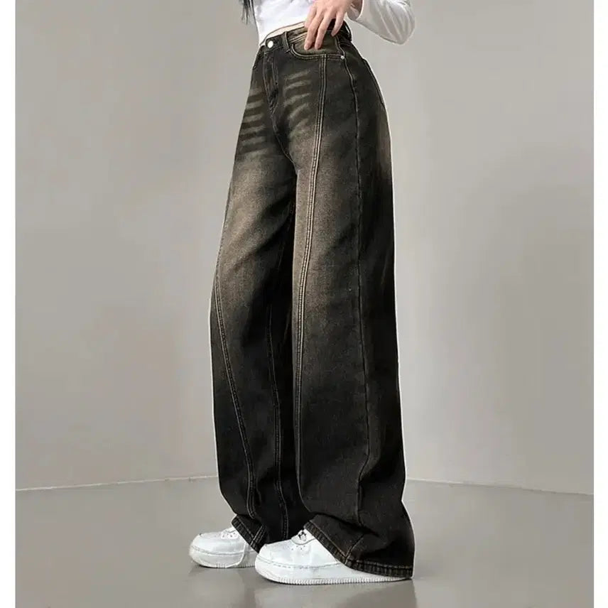 [BUNJANG] Lunerf Vintage Washed Wide Denim Pants / (원가4) 루너프 절개라인 빈티지 워싱 와이드 데님팬츠 흑청 진청