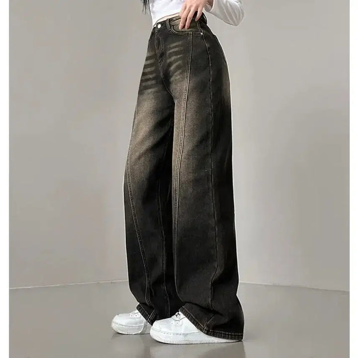 [BUNJANG] Lunerf Vintage Washed Wide Denim Pants / (원가4) 루너프 절개라인 빈티지 워싱 와이드 데님팬츠 흑청 진청