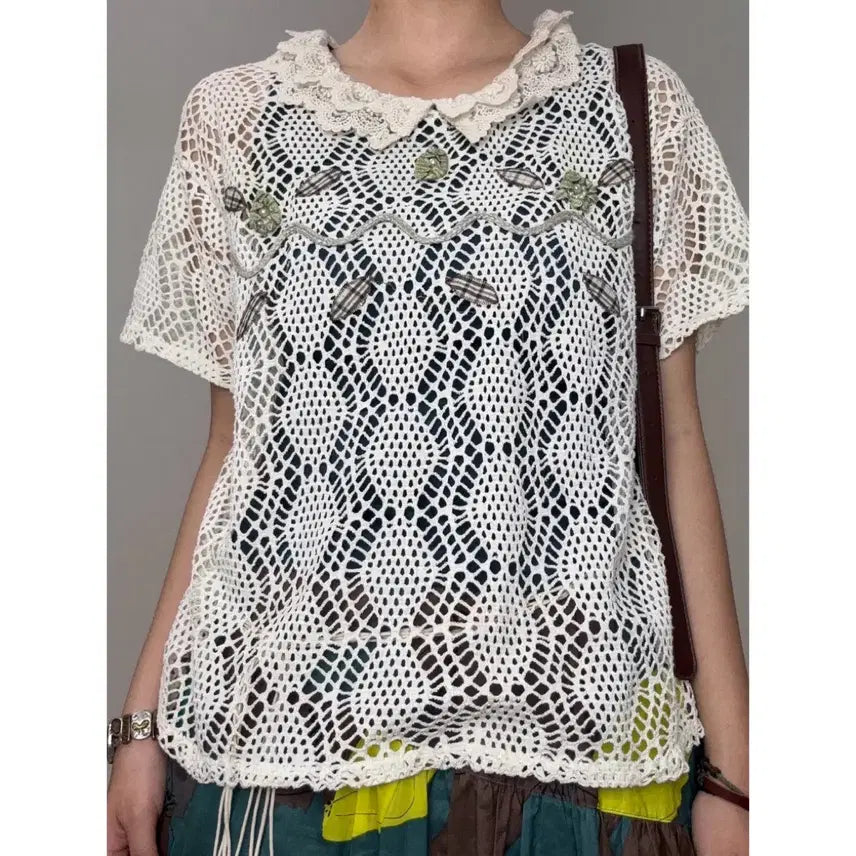 [BUNJANG] Vintage Ivory Crochet Knit Top / 일본빈티지 아이보리 크로셰 반팔 니트 히피 에스닉 보헤미안