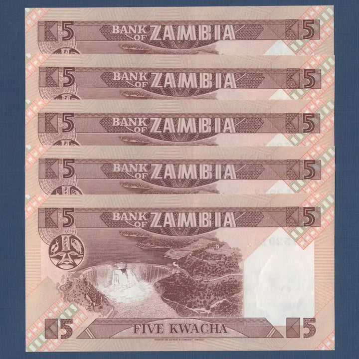 [BUNJANG] Zambia 5 Kwacha 1986 Banknote / 5장, 잠비아 5 콰차 1986년 미사용